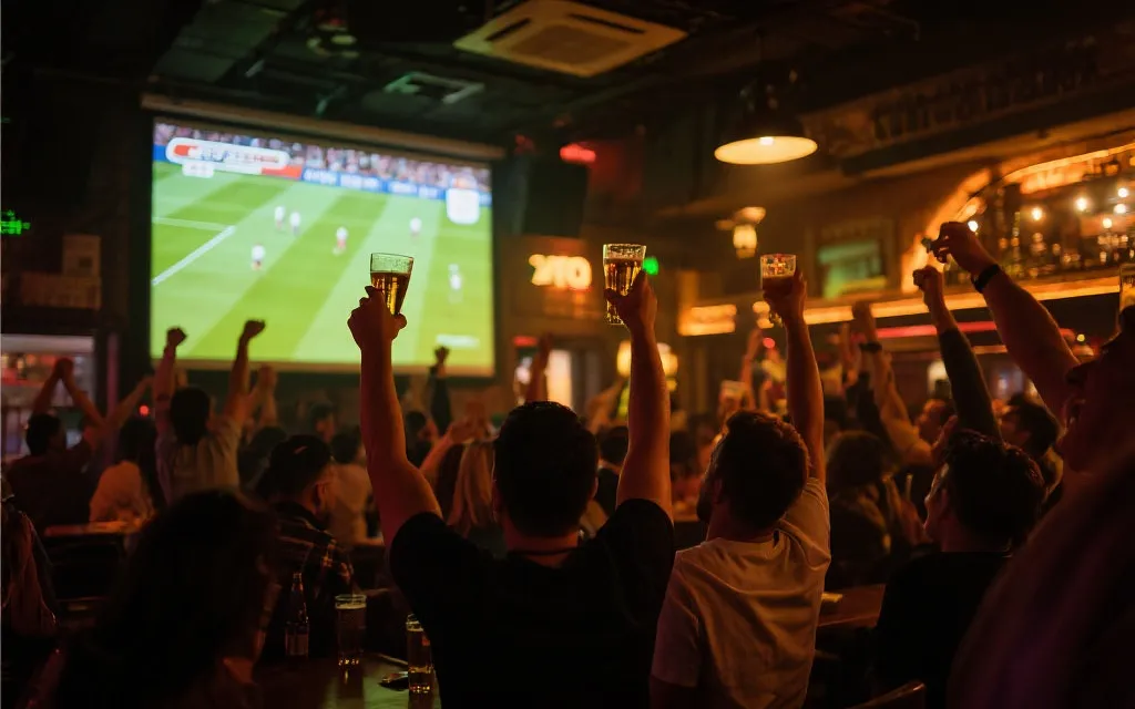 酒吧投屏观赛氛围:大屏、观众举杯、暖色灯光与运动激情